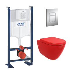 Pack WC Rapid SL autoportant + cuvette Bello rouge brillant sans bride + plaque chrome (ProjectRedBello-1)