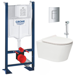 Grohe Pack WC Bâti autoportant + WC sans bride SAT Brevis + Abattant ultra-fin softclose + Douchette bidet + Plaque chrome mat