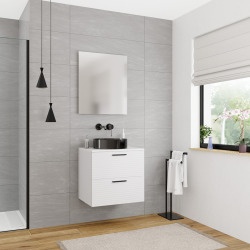 Set complet 60 cm : plan vasque blanc mat + meuble assemblé certifié FSC, blanc cassé (CERAMIA-4OW60-S)