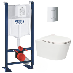 Grohe Pack WC Bâti autoportant + WC sans bride SAT Brevis + Abattant ultra-fin softclose + Plaque chrome mat (ProjectBrevis-5-SP)