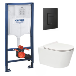 Grohe Pack WC Bâti-support Rapid SL + WC sans bride SAT + Abattant slim, softclose + Plaque de commande noir mat