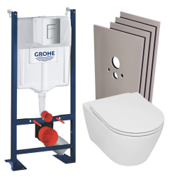 Pack WC Bâti-support Rapid SL autoportant + WC sans bride Serel, fixations invisibles + abattant softclose + Plaque Chrome