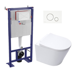 Pack WC bâti-autoportant + WC SAT infinitio sans bride fixations invisibles + Abattant softclose + Plaque blanche/chrome