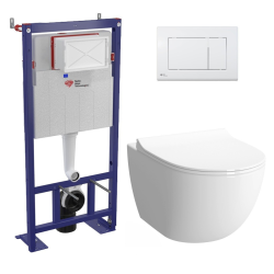 Swiss Aqua Technologies Pack WC bâti-autoportant + WC SAT infinitio sans bride fixations invisibles + Abattant softclose + Plaque blanche