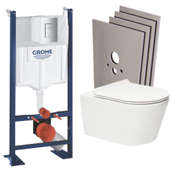 Grohe Pack WC Bâti autoportant + WC sans bride SAT, fixations invisibles + abattant slim, softclose + Plaque + Set habillage
