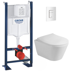 Grohe Pack WC Bâti autoportant + WC sans bride Lucco Avva + Abattant softclose + Plaque blanche (ProjectAvva-4)