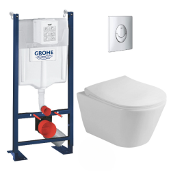 Pack WC Bâti-support autoportant + WC sans bride SAPHO Avva + Abattant softclose + Plaque Chrome (ProjectAvva-2)