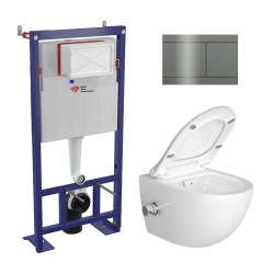 Pack WC bâti-autoportant + WC SAT sans bride fixations invisibles + Abattant softclose + Plaque blanche (SMART-SATrimless-9)