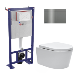 Pack WC bâti-autoportant + WC SAT sans bride fixations invisibles + Abattant softclose + Plaque blanche (SMART-SATrimless-9)