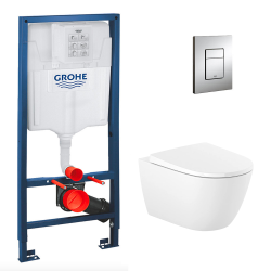 Pack WC Bâti-support Rapid SL + Cuvette suspendue Cersanit S-line + Abattant classique + Plaque Chrome (GROHE-S-LinePro-1)