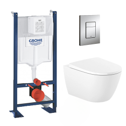 Grohe Pack WC autoportant avec cuvette Roca sans bride et fixations invisibles + abattant Soft Close + Plaque chrome (ProjectOna-1)