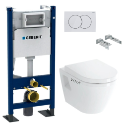 Geberit Pack Autoportant Bati-support Geberit Duofix + WC suspendu Vitra Integra avec Abattant + Plaque blanche ( Vitra IntegraClassicGe