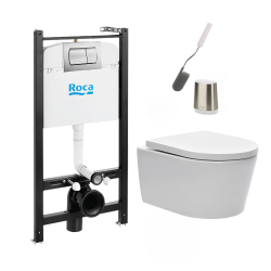 Pack Bâti-support Roca Active + WC sans bride et fixations invisibles + plaque chrome mat + Brosse de toilette Bâti-support Roca
