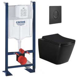 Grohe Pack WC Bâti-support Rapid SL + WC sans bride Infinitio Design, Noir mat + Abattant softclose + Plaque Noire mat