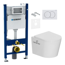 Geberit Pack WC bâti-support Duofix 112cm + WC sans bride + abattant SoftClose + set d'isolation + plaque blanche (CETORGEB3SET)