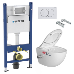 Geberit Pack WC Bati-support Geberit + WC sans bride SAT avec bidet thermostatique + Abattant softclose + Plaque Blanche (SATCleanGeb3)