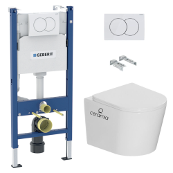 Geberit Pack WC bâti-support Duofix 112cm + WC suspendu Ceramia Tornado Rimless + abattant SoftClose + plaque blanche (CETORGEB3)