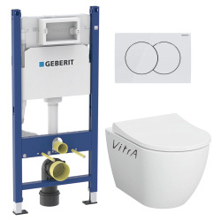 Pack WC Bati-support Geberit Duofix + WC sans bride Vitra S60 + Abattant SoftClose + Plaque Blanche (S60Geb3)