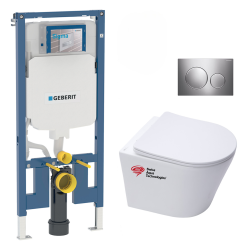 Geberit Pack WC Bati-support Geberit extra-plat + WC Swiss Aqua Technologies sans bride + Abattant softclose + Plaque chrome
