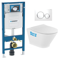 Pack WC Bati-support Geberit avec Cuvette Roca The Gap fixations invisibles + Abattant  + Plaque blanc chrome (GebGapRimless-C)