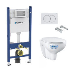 Geberit Pack WC Bati-support Geberit Duofix + WC Grohe Bau Ceramic + Abattant softclose + Plaque blanche (BauGeb3)