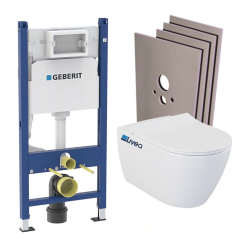 Geberit Pack WC Bati-support Geberit Duofix + WC suspendu sans bride Livea Bello + Abattant soft close + Plaque Blanche + Set d'habillag