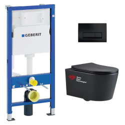 Pack WC Bati-support Geberit + WC Swiss Aqua Technologies sans bride + abattant SoftClose + plaque noire mat (BLSATGEB10SP)