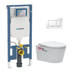Geberit Pack WC Bati-support Geberit + WC Swiss Aqua Technologies sans bride + abattant SoftClose + plaque blanche (SLIM-SATrimless-H)