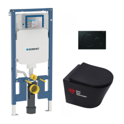 Geberit Pack WC bâti-support Geberit + WC Swiss Aqua Technologies sans bride + abattant SoftClose + plaque (SLIM-BlackInfinitio-A)