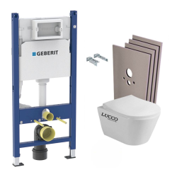 Geberit Pack WC Bati support Geberit + WC sans bride Lucco Avva + Abattant softclose + Plaque blanche + Set habillage (AvvaGeb3-sabo)