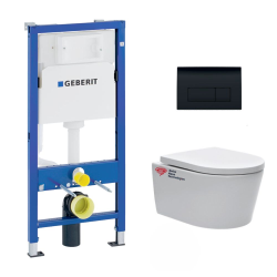 Geberit Pack WC Bati Geberit UP100 + WC sans bride Swiss Aqua Technologies + Abattant softclose + Plaque Noir brillant