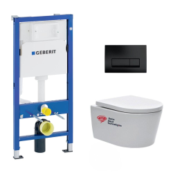 Geberit Pack WC Bâti-support Geberit + cuvette Swiss Aqua Technologies suspendue sans bride + plaque noir mat (SATRIMLESSGEB10-SP)