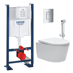 Grohe Pack WC Bâti Autoportant Rapid SL + WC sans bride SAT + Abattant softclose + Douchette bidet + Plaque chrome