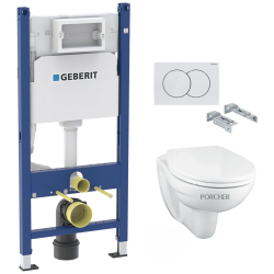 Pack WC Bâti Duofix + Cuvette suspendue Porcher sans bride + Abattant Ideal Standard ASTOR + Plaque blanche (PorcherGeb3)