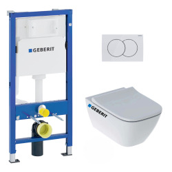 Pack WC Bati-support Geberit Duofix + WC sans bride Geberit Smyle + Abattant softclose + Plaque blanche (SmyleGeb1)