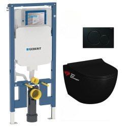 Pack WC Bati-support Geberit slim + WC Swiss Aqua Technologies sans bride Noir mat + Abattant softclose + Plaque