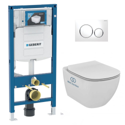Geberit Pack WC Bati Geberit  Duofix + Cuvette Ideal Standard Tesi Aquablade + Plaque de commande Sigma20 Blanc chrome + bati support