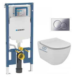 Geberit Pack WC Bati-support Geberit extra-plat UP720 + WC Ideal Standard Tesi Aquablade + Abattant softclose + Plaque Chrome