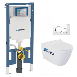Geberit Pack WC Bati-support Geberit Duofix UP720 extra-plat + WC sans bride Livea Bello + Abattant softclose + Plaque blanche