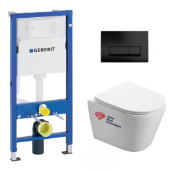 Geberit Pack WC Bati-support Geberit + WC Swiss Aqua Technologies Infinitio sans bride + plaque Delta 50 noir mat