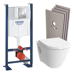 Grohe Pack WC Bâti Autoportant Rapid SL + WC suspendu Vitra S50 + Abattant softclose + Plaque chrome mat + Set habillage