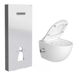 Pack WC Bâti support en verre trempé/aluminium brossé avec plaque intégrée, Blanc + WC sans bride SAT + Abattant softclose
