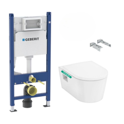 Geberit Pack WC Bati-support Geberit Duofix + WC sans bride EluPura Original S + Abattant soft close + Plaque blanche (EluPuraSGeb3)