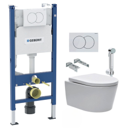Geberit Pack Bati-support Geberit 112cm + Cuvette Swiss Aqua Technologies sans bride + Douchette bidet + Plaque blanche