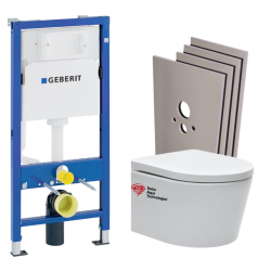 Geberit Pack WC Bati-support Geberit + WC Swiss Aqua Technologies sans bride + Plaque blanche + Set habillage (SATrimlessGeb1-sabo)