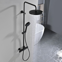 Ensemble bain/douche 3 jets avec mitigeur thermostatique de baignoire + douche de tête + douchette à main, noir mat (SATSSTVKC)