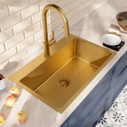 Ceramia Timeless 68x45x21 cm évier encastrable en inox 304 + mitigeur inox avec douchette extractible, or brossé (TMLKST-6845BG-M2)