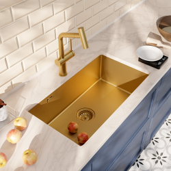 Ceramia Timeless 68x45x21 cm évier sous plan en inox 304 +  mitigeur inox avec douchette extractible, or brossé (TMLKSU-6845BG-M1)