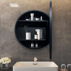 60x60x12,5 cm armoire de salle de bain ronde avec miroir intégré et éclairage, 2 étagères, noir (SATZGALED60CE)