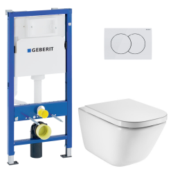 Geberit Duofix pack WC bâti-support UP100 + WC suspendu sans bride Roca avec abattant SoftClose + plaque blanche (GEBROGAWR02-FR)